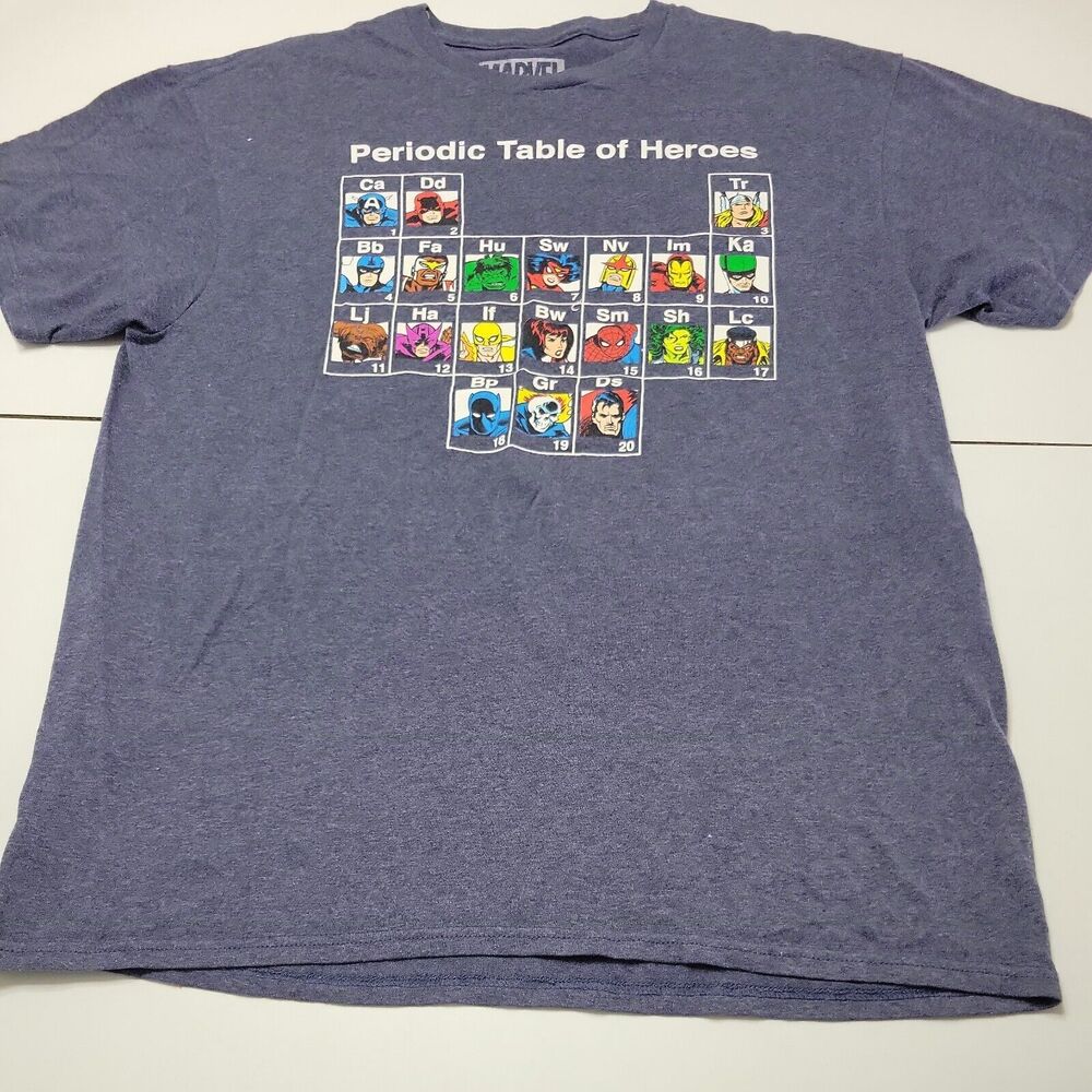 Periodic Table Marvel Tee Mens L Graphic‎ Shirt Blue Heathered Crew Short Sleeve